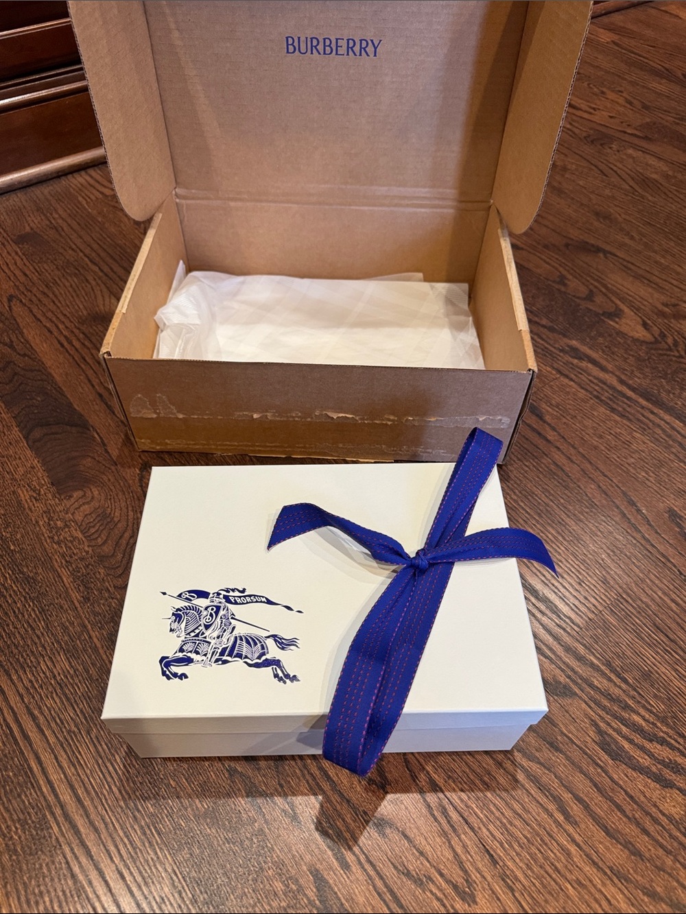 Burberry Gift White Box with Blue Ribbon and Knight Logo